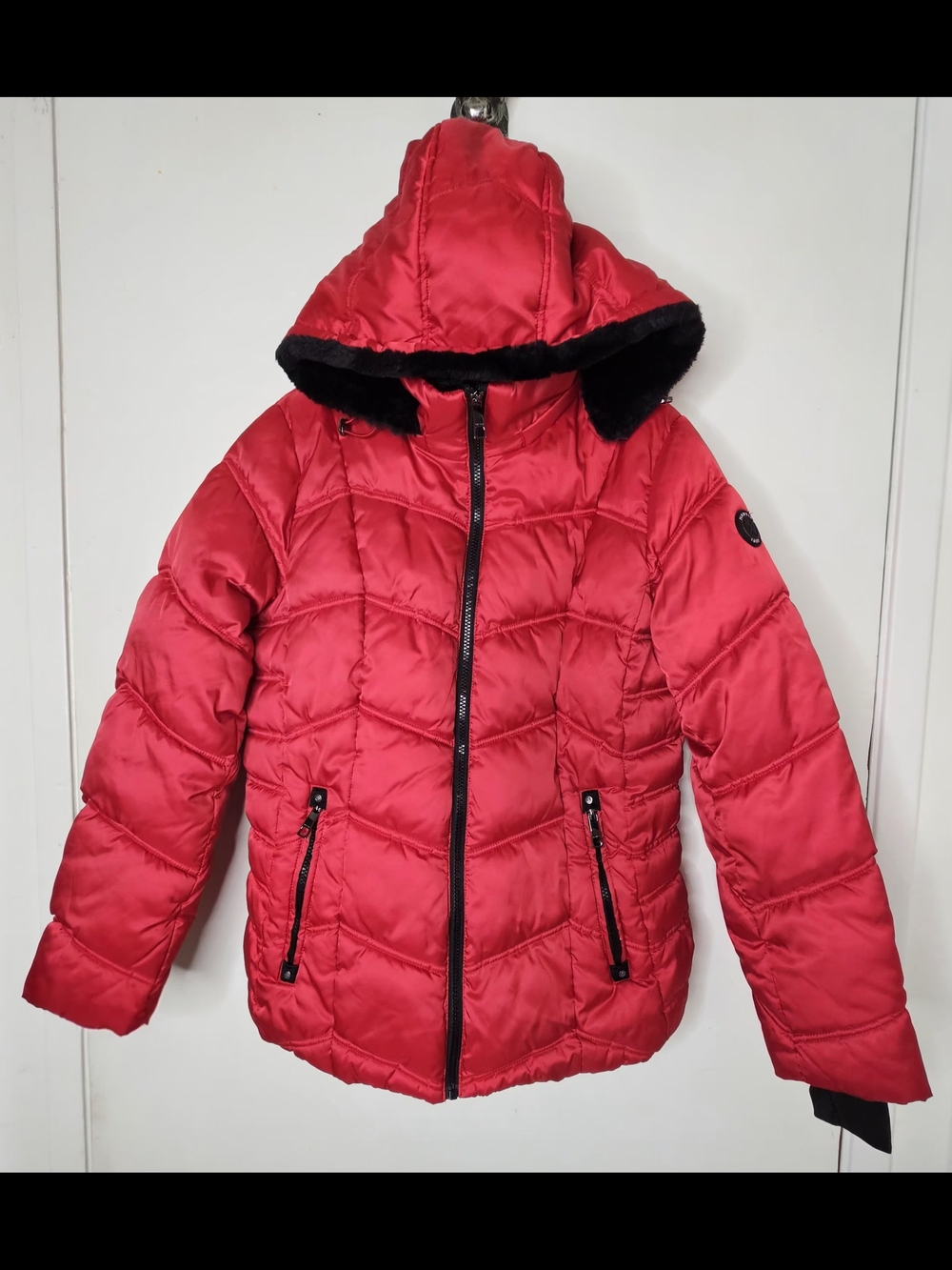 Nautica Women's XL Red Puffer Jacket Faux Fur Hood Water Resistant Winter